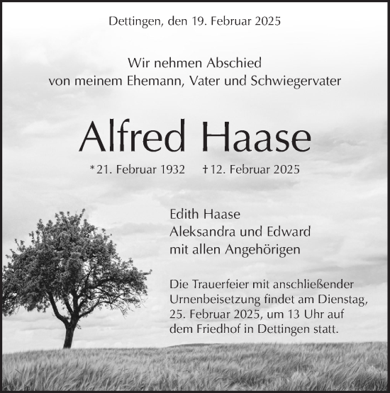 Traueranzeige von Alfred Haase von Alb-Bote/Metzinger-Uracher Volksblatt