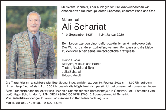 Traueranzeige von Ali Schariat von SÜDWEST PRESSE Ausgabe Ulm/Neu-Ulm