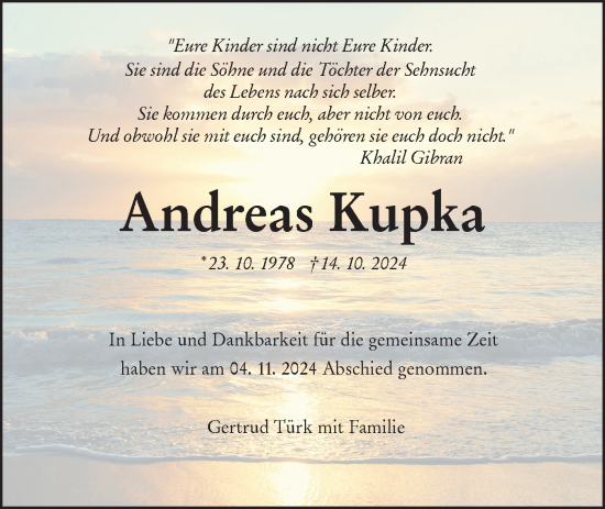 Traueranzeige von Andreas Kupka von Schwäbische Tagblatt