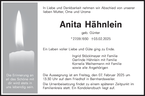 Traueranzeige von Anita Hähnlein von Hohenloher Tagblatt