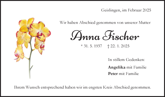 Traueranzeige von Anna Fischer von Geislinger Zeitung