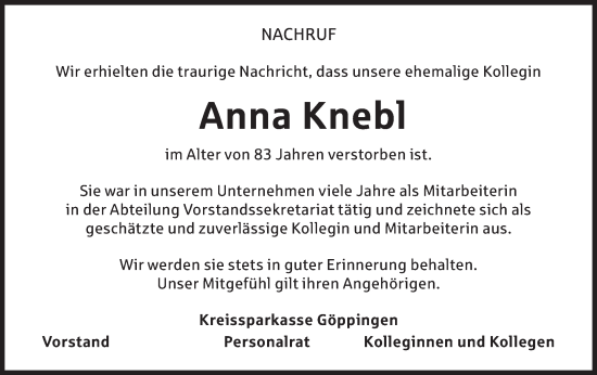 Traueranzeige von Anna Knebl von NWZ Neue Württembergische Zeitung/Geislinger Zeitung