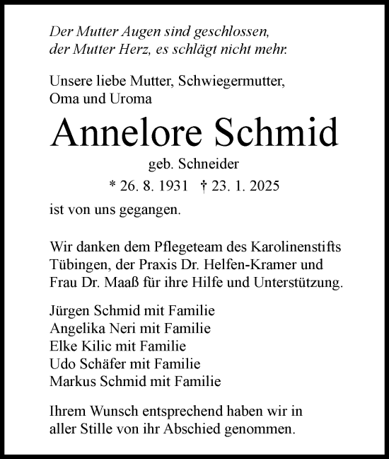 Traueranzeige von Annelore Schmid von Schwäbische Tagblatt