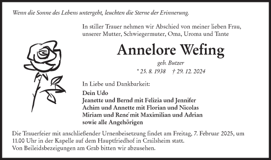 Traueranzeige von Annelore Wefing von Hohenloher Tagblatt