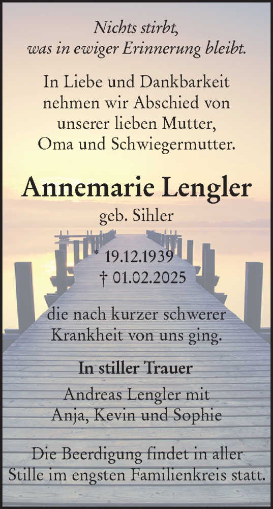 Traueranzeige von Annemarie Lengler von SÜDWEST PRESSE Ausgabe Ulm/Neu-Ulm