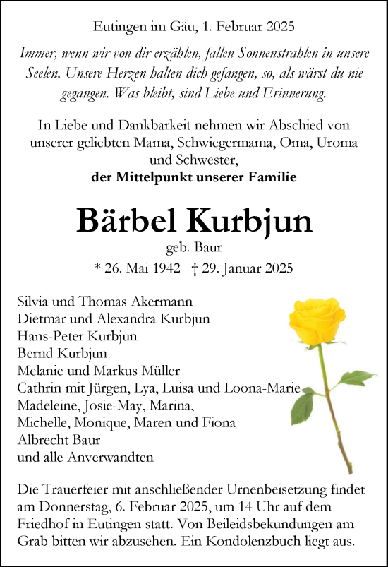 Traueranzeige von Bärbel Kurbjun von Neckar-Chronik