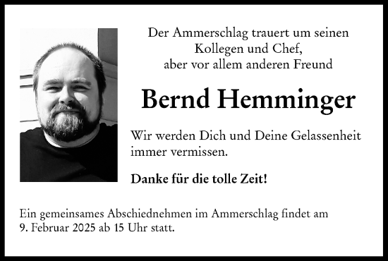 Traueranzeige von Bernd Hemminger von Schwäbische Tagblatt
