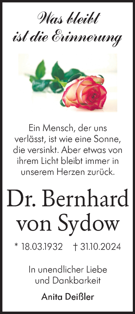 Traueranzeige von Bernhard von Sydow von Rundschau Gaildorf/Haller Tagblatt