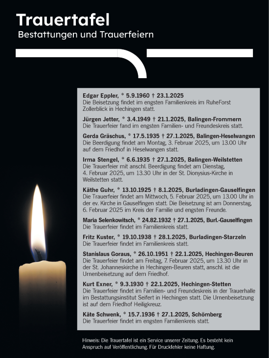Traueranzeige von Bestattungen vom 01.02.2025 von SÜDWEST PRESSE Zollernalbkreis/Hohenzollerische Zeitung