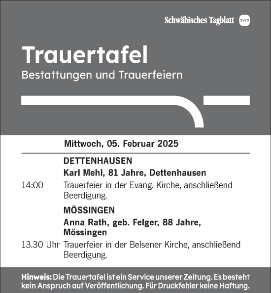 Traueranzeige von Bestattungen vom 05.02.2025 von Schwäbische Tagblatt