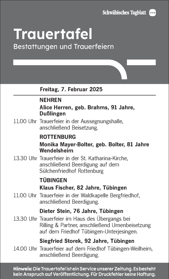 Traueranzeige von Bestattungen vom 07.02.2025 von Schwäbische Tagblatt