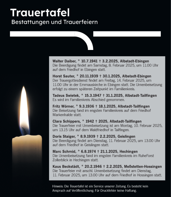 Traueranzeige von Bestattungen vom 07.02.2025 von SÜDWEST PRESSE Zollernalbkreis/Hohenzollerische Zeitung