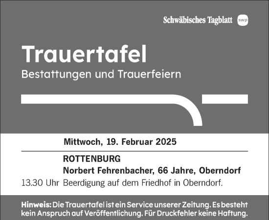 Traueranzeige von Bestattungen vom 19.02.2025 von Schwäbische Tagblatt