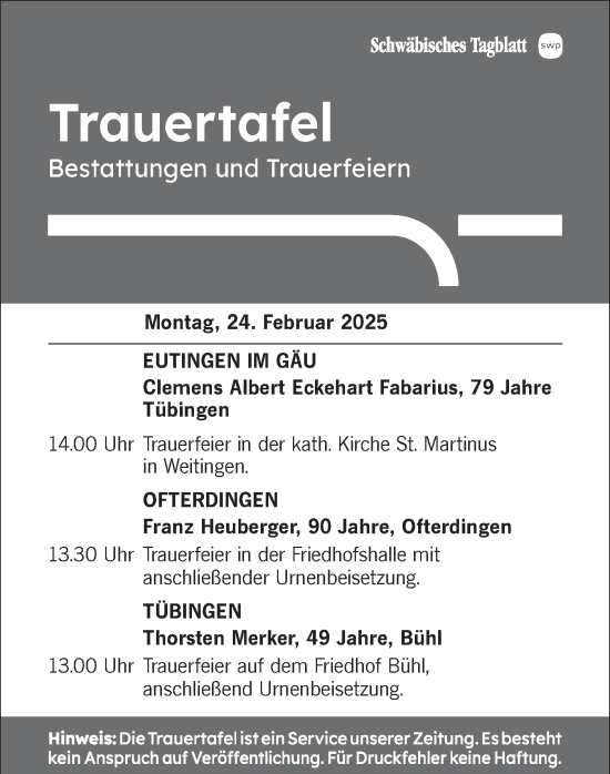 Traueranzeige von Bestattungen vom 24.02.2025 von Schwäbische Tagblatt