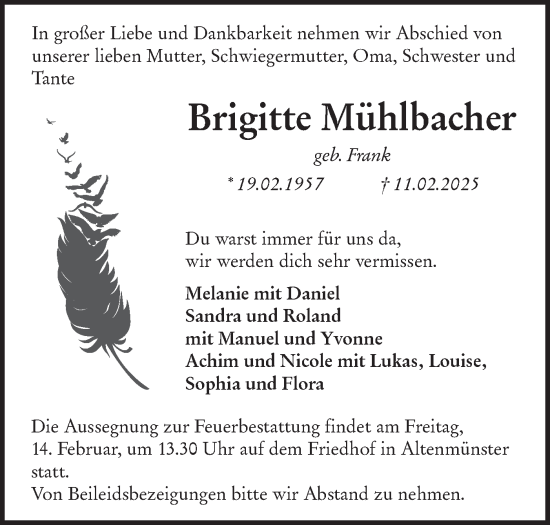 Traueranzeige von Brigitte Mühlbacher von Hohenloher Tagblatt