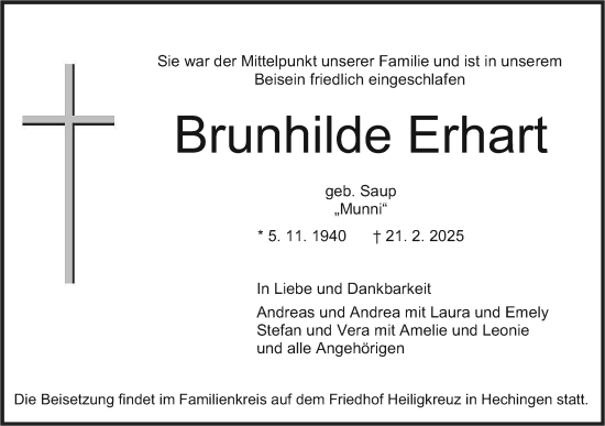 Traueranzeige von Brunhilde Erhart von SÜDWEST PRESSE Zollernalbkreis/Hohenzollerische Zeitung