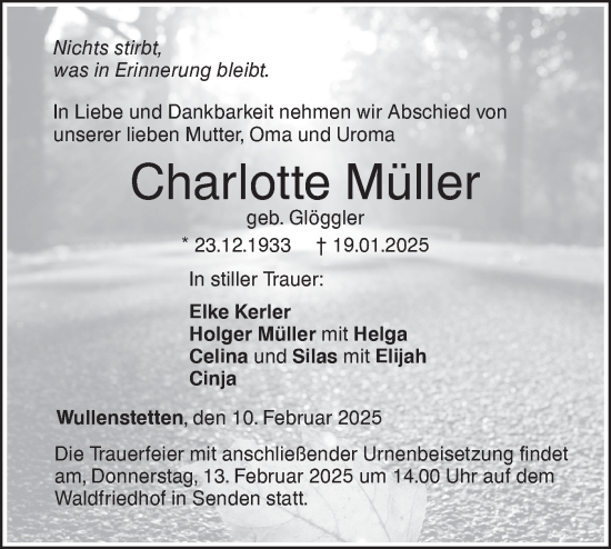 Traueranzeige von Charlotte Müller von SÜDWEST PRESSE Ausgabe Ulm/Neu-Ulm