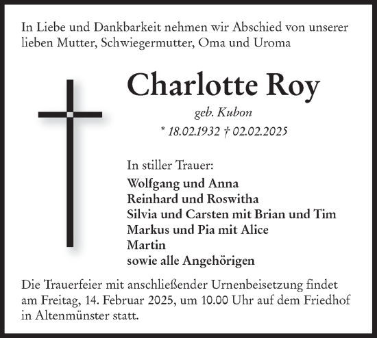 Traueranzeige von Charlotte Roy von Hohenloher Tagblatt