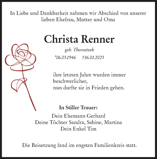 Traueranzeige von Christa Renner von Haller Tagblatt
