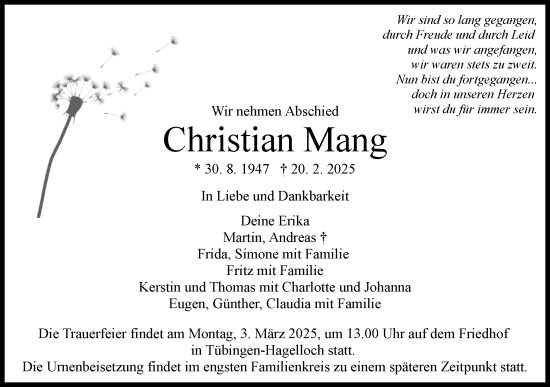 Traueranzeige von Christian Mang von Schwäbische Tagblatt