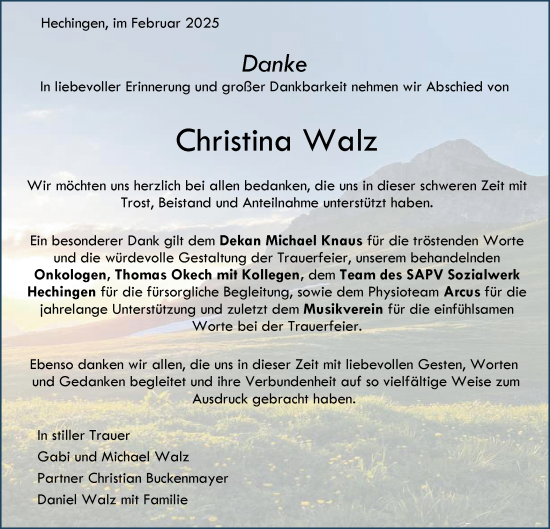 Traueranzeige von Christina Walz von SÜDWEST PRESSE Zollernalbkreis/Hohenzollerische Zeitung