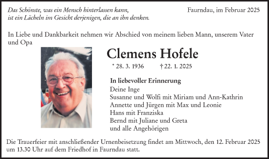 Traueranzeige von Clemens Hofele von NWZ Neue Württembergische Zeitung