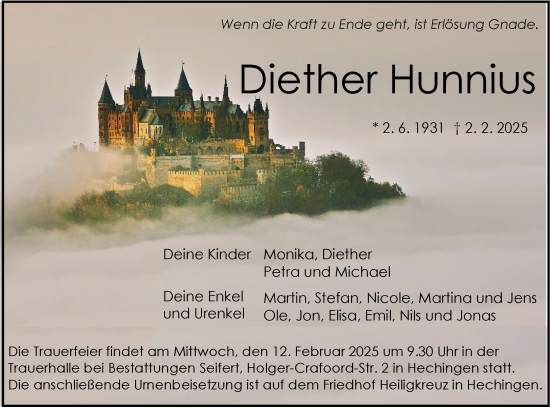 Traueranzeige von Diether Hunnius von SÜDWEST PRESSE Zollernalbkreis/Hohenzollerische Zeitung