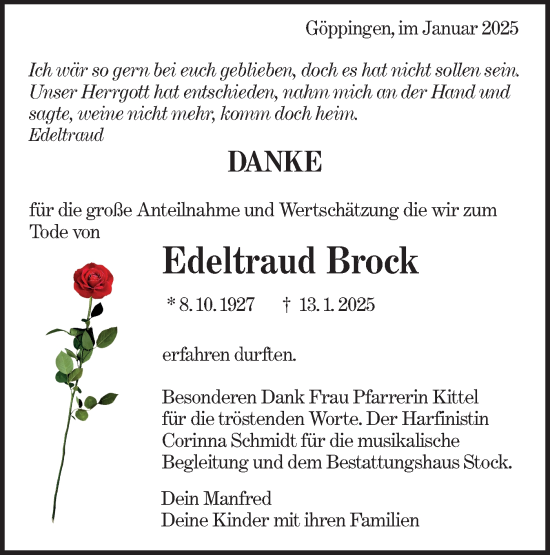 Traueranzeige von Edeltraud Brock von NWZ Neue Württembergische Zeitung