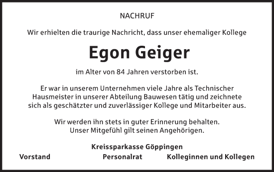 Traueranzeige von Egon Geiger von NWZ Neue Württembergische Zeitung/Geislinger Zeitung
