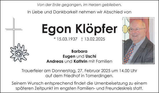 Traueranzeige von Egon Klöpfer von SÜDWEST PRESSE Ausgabe Ulm/Neu-Ulm