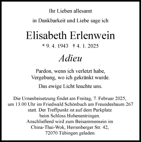 Traueranzeige von Elisabeth Erlenwein von Schwäbische Tagblatt