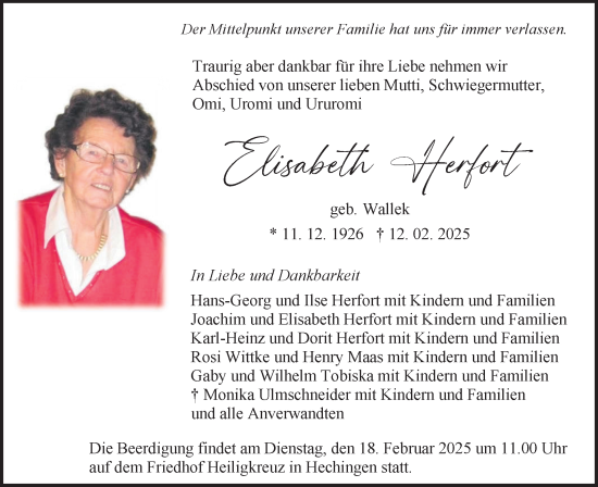 Traueranzeige von Elisabeth Herfort von SÜDWEST PRESSE Zollernalbkreis/Hohenzollerische Zeitung