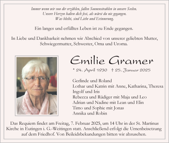 Traueranzeige von Emilie Gramer von Neckar-Chronik