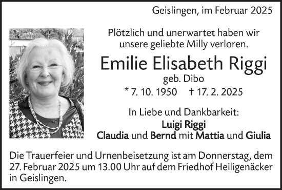 Traueranzeige von Emilie Elisabeth Riggi von Geislinger Zeitung