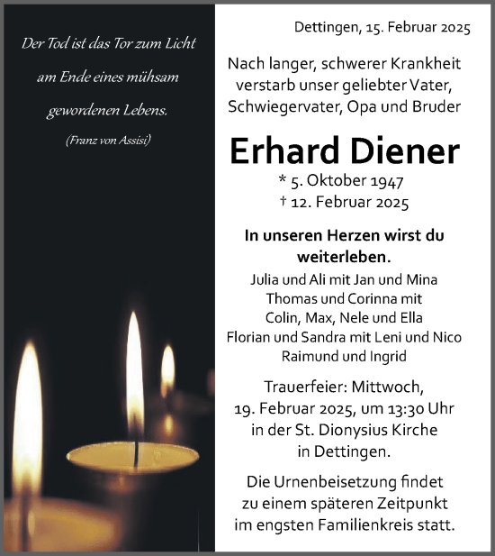 Traueranzeige von Erhard Diener von Schwäbische Tagblatt