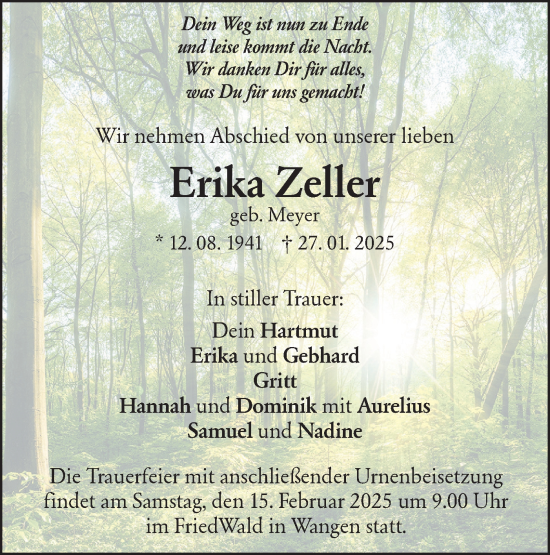 Traueranzeige von Erika Zeller von NWZ Neue Württembergische Zeitung