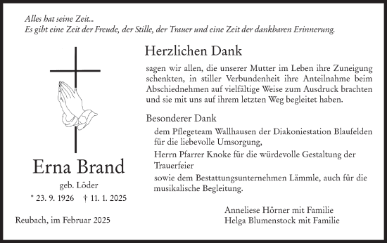 Traueranzeige von Erna Brand von Hohenloher Tagblatt