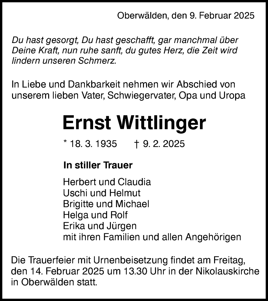  Traueranzeige für Ernst Wittlinger vom 11.02.2025 aus NWZ Neue Württembergische Zeitung