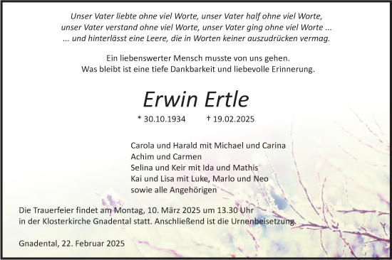 Traueranzeige von Erwin Ertle von Haller Tagblatt