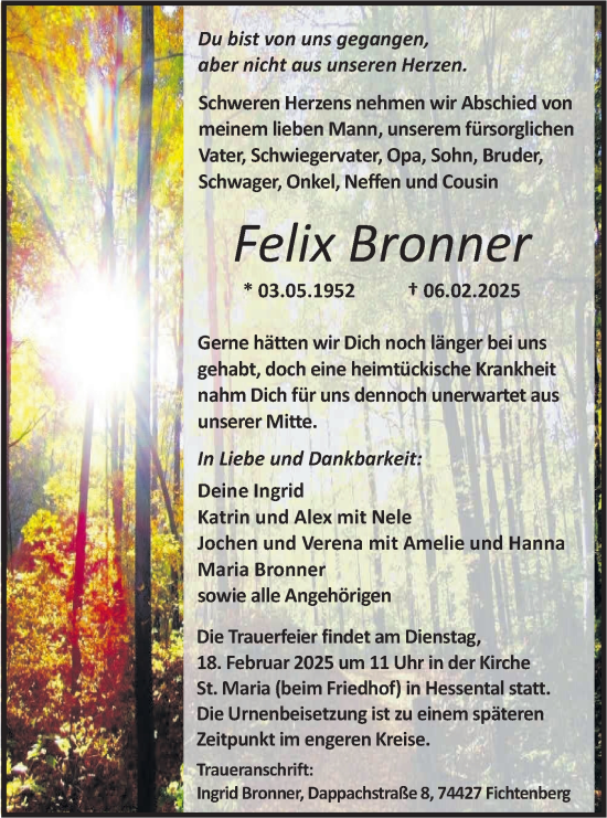 Traueranzeige von Felix Bronner von Haller Tagblatt