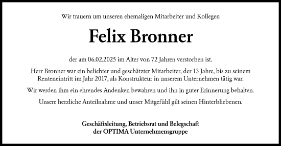 Traueranzeige von Felix Bronner von Haller Tagblatt