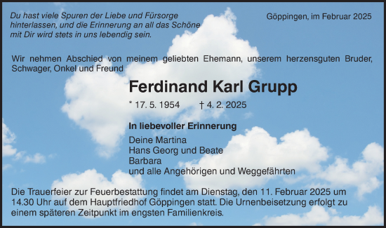 Traueranzeige von Ferdinand Karl Grupp von NWZ Neue Württembergische Zeitung