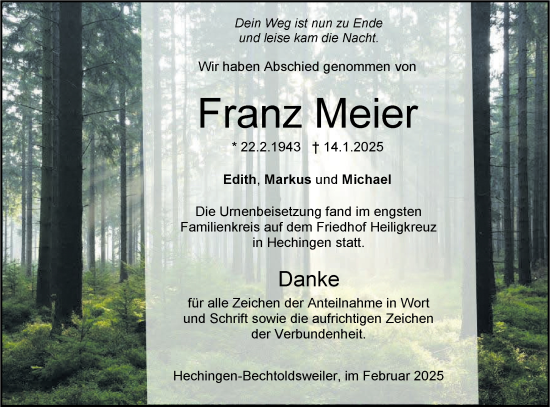 Traueranzeige von Franz Meier von SÜDWEST PRESSE Zollernalbkreis/Hohenzollerische Zeitung