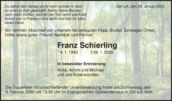 Traueranzeige von Franz Schierling von NWZ Neue Württembergische Zeitung