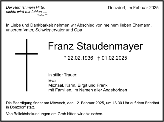 Traueranzeige von Franz Staudenmayer von NWZ Neue Württembergische Zeitung