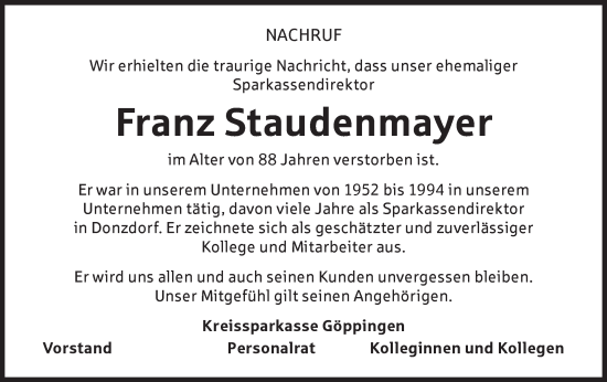 Traueranzeige von Franz Staudenmayer von NWZ Neue Württembergische Zeitung/Geislinger Zeitung