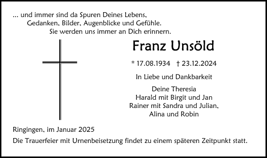 Traueranzeige von Franz Unsöld von Ehinger Tagblatt