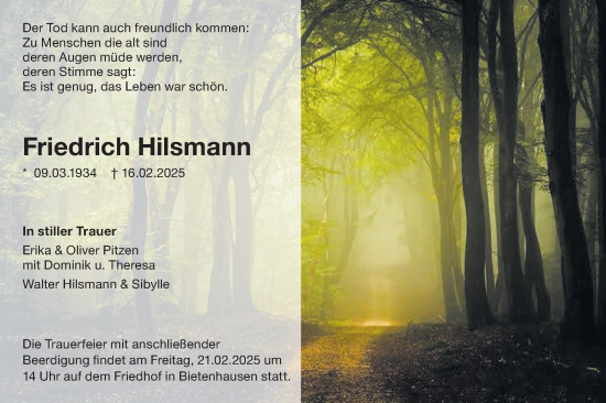 Traueranzeige von Friedrich Hilsmann von SÜDWEST PRESSE Zollernalbkreis/Hohenzollerische Zeitung