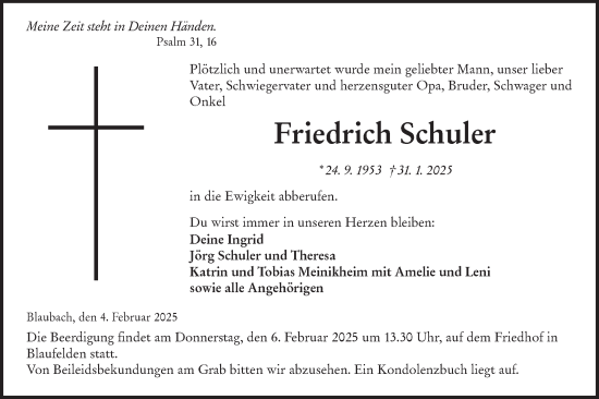 Traueranzeige von Friedrich Schuler von Hohenloher Tagblatt