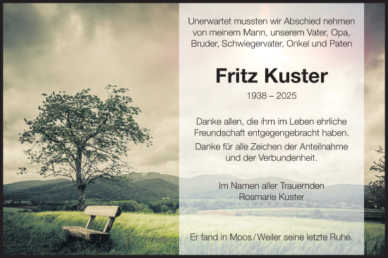 Traueranzeige von Fritz Kuster von SÜDWEST PRESSE Zollernalbkreis/Hohenzollerische Zeitung